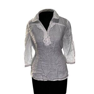 Tracy M. White Linen 3/4 Sleeve Blouse With Ruffle Front & Tie Back